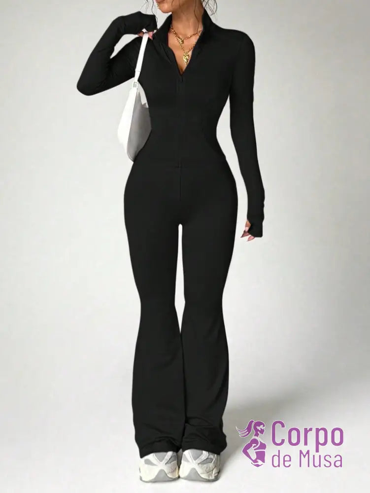 Conjunto Manga Longa e Calça Flare Estilo Fitness Elegante Preto / PP Conjunto Manga Longa e Calça Flare Estilo Fitness