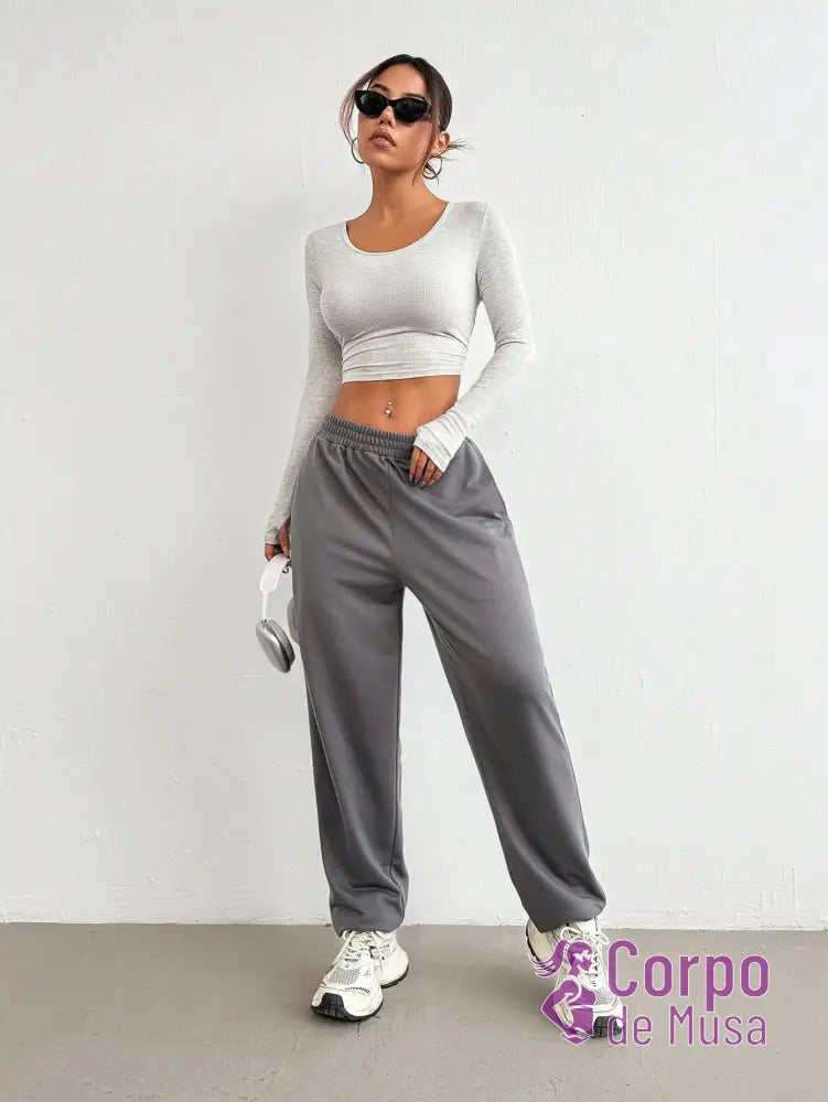Conjunto Manga Longa e Calça Jogger Estilo Fitness Casual Cinza Claro / PP Conjunto Manga Longa e Calça Jogger Estilo