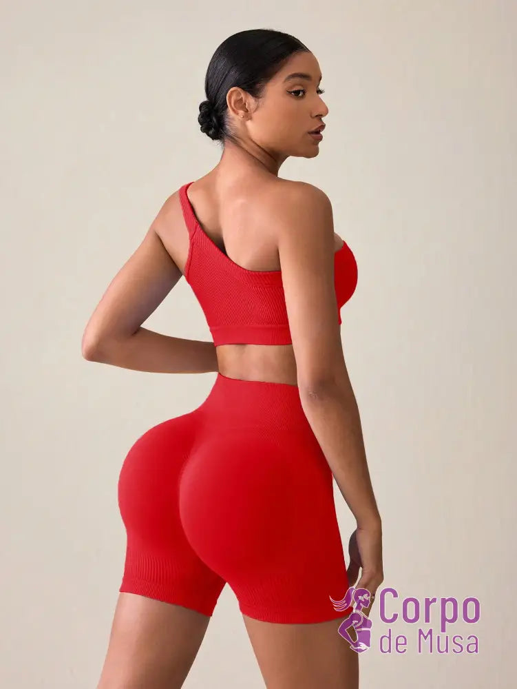 Conjunto Top Assimétrico e Short Cós Alto Canelado Fitness Conjunto Top Assimétrico e Short Cós Alto Canelado Fitness