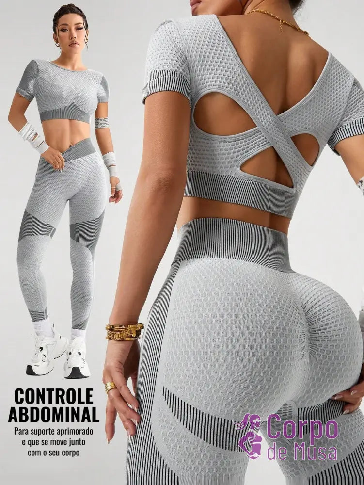 Conjunto Top e Legging Sem Costura Detalhe Vazado Estilo Fitness Cinza / PP Conjunto Top e Legging Sem Costura Detalhe