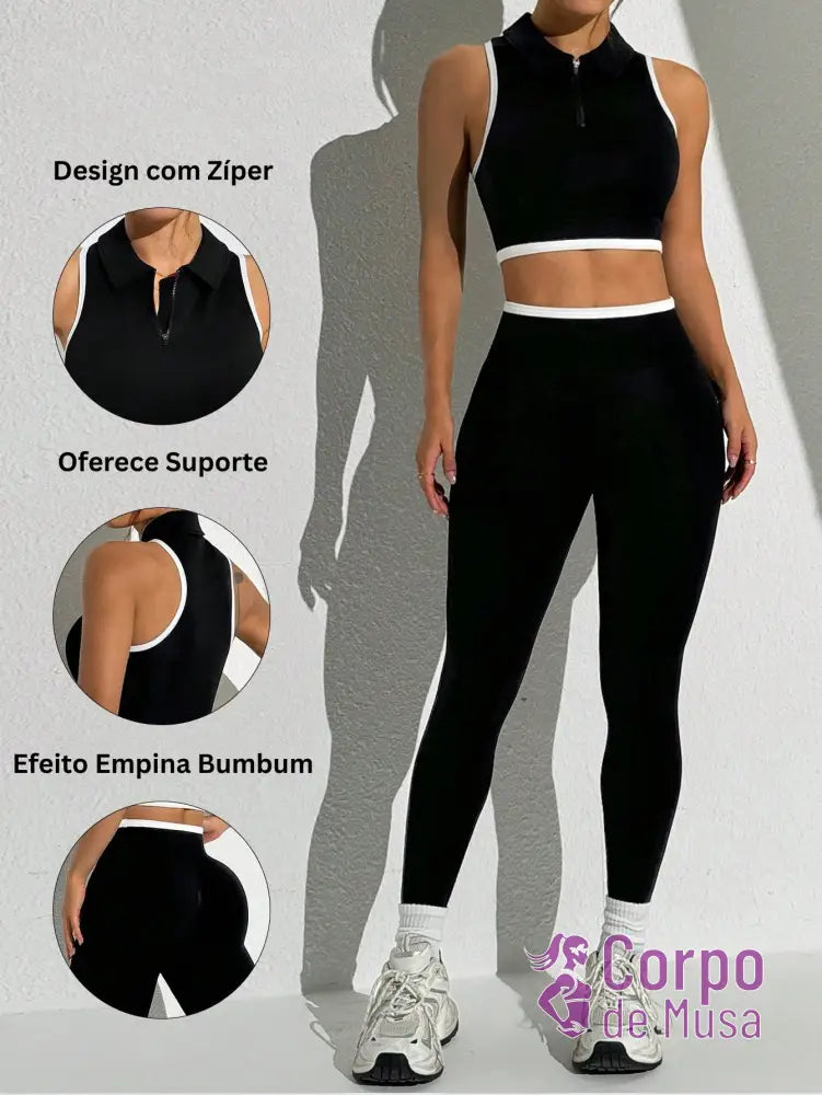 Conjunto Top Zip e Legging Sem Costura Detalhe Scrunch Preto / PP Conjunto Top Zip e Legging Sem Costura Detalhe Scrunch