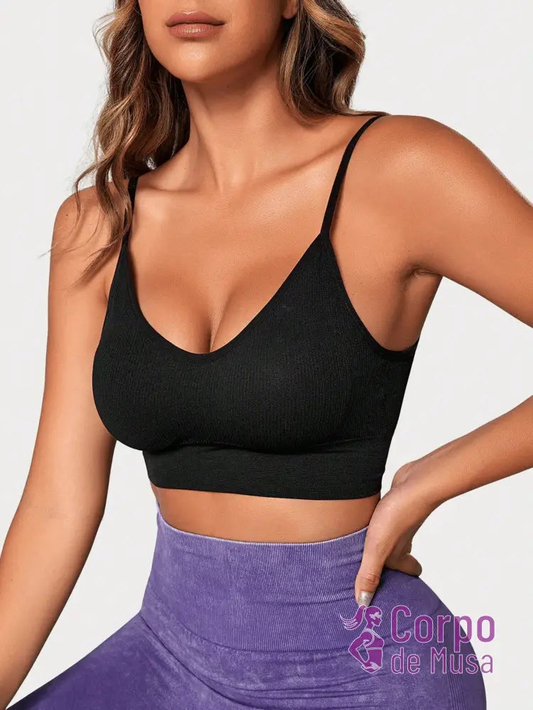 Top Fitness Alças Finas Com Decote Suave Estilo Clean Preto / PP Top Fitness Alças Finas Com Decote Suave Estilo Clean