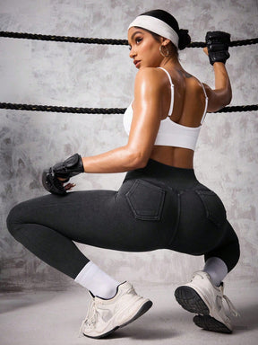 Legging Cintura Alta Sem Costura Com Bolsos Traseiros Fitness