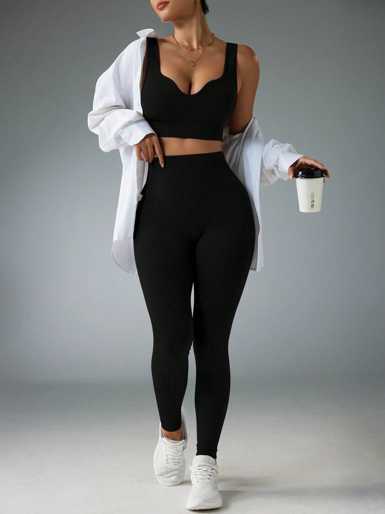 Conjunto Top E Legging Canelado Cintura Alta Modelador