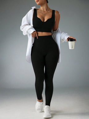 Conjunto Top E Legging Canelado Cintura Alta Modelador