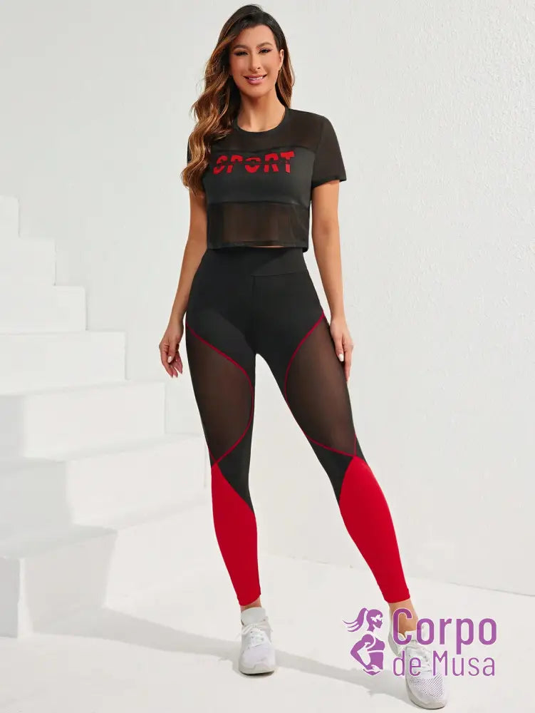 Conjunto Blusa e Legging Recortes Mesh Estilo Performance Conjunto Blusa e Legging Recortes Mesh Estilo Performance