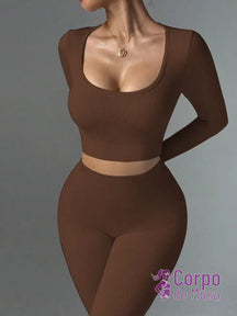 Conjunto Blusa E Legging Seamless Cintura Alta Café / PP Conjunto Blusa E Legging Seamless Cintura Alta