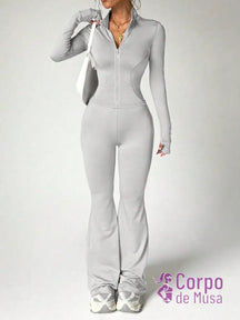 Conjunto Manga Longa e Calça Flare Estilo Fitness Elegante Cinza / PP Conjunto Manga Longa e Calça Flare Estilo Fitness