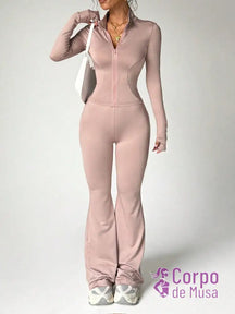 Conjunto Manga Longa e Calça Flare Estilo Fitness Elegante Rosa Empoeirado / PP Conjunto Manga Longa e Calça Flare