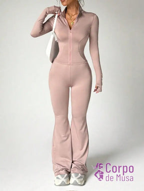 Conjunto Manga Longa e Calça Flare Estilo Fitness Elegante Rosa Empoeirado / PP Conjunto Manga Longa e Calça Flare