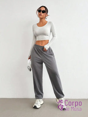 Conjunto Manga Longa e Calça Jogger Estilo Fitness Casual Cinza Claro / PP Conjunto Manga Longa e Calça Jogger Estilo