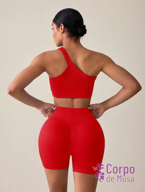 Conjunto Top Assimétrico e Short Cós Alto Canelado Fitness Conjunto Top Assimétrico e Short Cós Alto Canelado Fitness