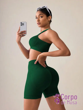 Conjunto Top Assimétrico e Short Cós Alto Canelado Fitness Conjunto Top Assimétrico e Short Cós Alto Canelado Fitness