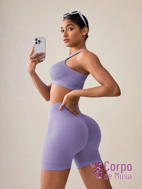 Conjunto Top Assimétrico e Short Cós Alto Canelado Fitness Conjunto Top Assimétrico e Short Cós Alto Canelado Fitness