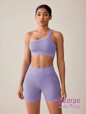 Conjunto Top Assimétrico e Short Cós Alto Canelado Fitness Roxo Claro / PP Conjunto Top Assimétrico e Short Cós Alto