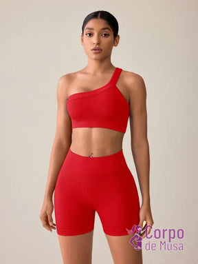 Conjunto Top Assimétrico e Short Cós Alto Canelado Fitness Vermelho / PP Conjunto Top Assimétrico e Short Cós Alto