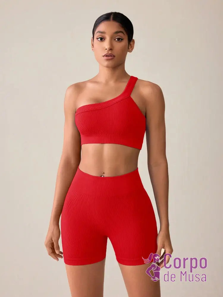 Conjunto Top Assimétrico e Short Cós Alto Canelado Fitness Vermelho / PP Conjunto Top Assimétrico e Short Cós Alto