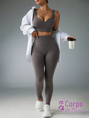Conjunto Top E Legging Canelado Cintura Alta Modelador Conjunto Top E Legging Canelado Cintura Alta Modelador
