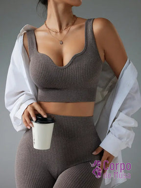 Conjunto Top E Legging Canelado Cintura Alta Modelador Café / PP Conjunto Top E Legging Canelado Cintura Alta Modelador