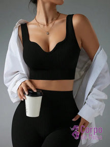 Conjunto Top E Legging Canelado Cintura Alta Modelador Preto / PP Conjunto Top E Legging Canelado Cintura Alta Modelador