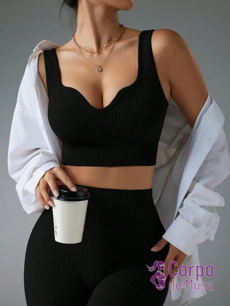 Conjunto Top E Legging Canelado Cintura Alta Modelador Preto / PP Conjunto Top E Legging Canelado Cintura Alta Modelador