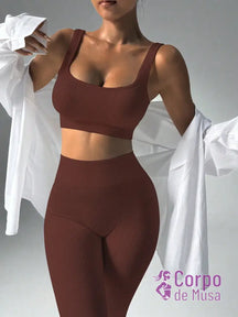 Conjunto Top e Legging Sem Costura Cós Alto Fitness Café / PP Conjunto Top e Legging Sem Costura Cós Alto Fitness