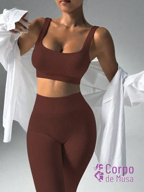 Conjunto Top e Legging Sem Costura Cós Alto Fitness Café / PP Conjunto Top e Legging Sem Costura Cós Alto Fitness