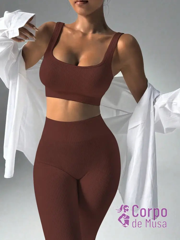 Conjunto Top e Legging Sem Costura Cós Alto Fitness Café / PP Conjunto Top e Legging Sem Costura Cós Alto Fitness