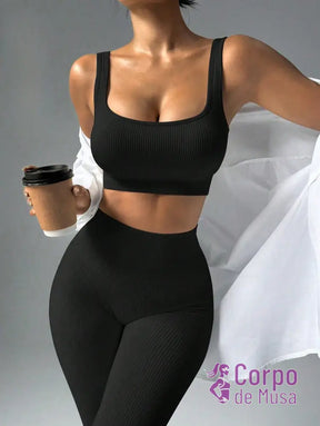 Conjunto Top e Legging Sem Costura Cós Alto Fitness Preto / PP Conjunto Top e Legging Sem Costura Cós Alto Fitness