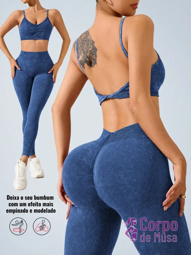 Conjunto Top e Legging Sem Costura Detalhe Scrunch Fitness Azul-marinho / PP Conjunto Top e Legging Sem Costura Detalhe