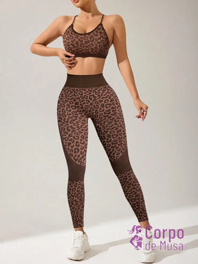 Conjunto Top e Legging Sem Costura Estilo Animal Print Fitness Conjunto Top e Legging Sem Costura Estilo Animal Print