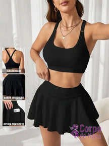 Conjunto Top e Saia Short Estilo Fitness Com Bolso Preto / PP Conjunto Top e Saia Short Estilo Fitness Com Bolso