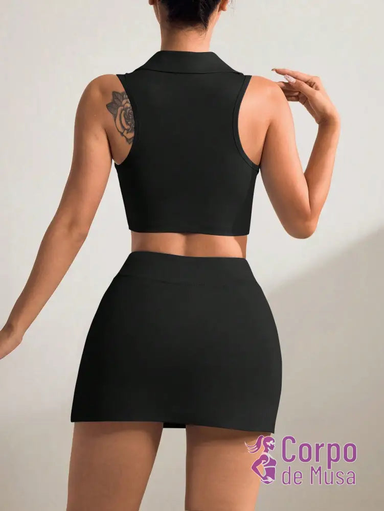 Conjunto Top e Short Saia Com Bolso Estilo Fitness Moderno Conjunto Top e Short Saia Com Bolso Estilo Fitness Moderno