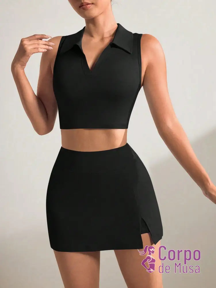 Conjunto Top e Short Saia Com Bolso Estilo Fitness Moderno Conjunto Top e Short Saia Com Bolso Estilo Fitness Moderno