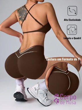 Conjunto Top e Short Sem Costura Detalhe Scrunch Y Estilo Fitness Café / PP Conjunto Top e Short Sem Costura Detalhe