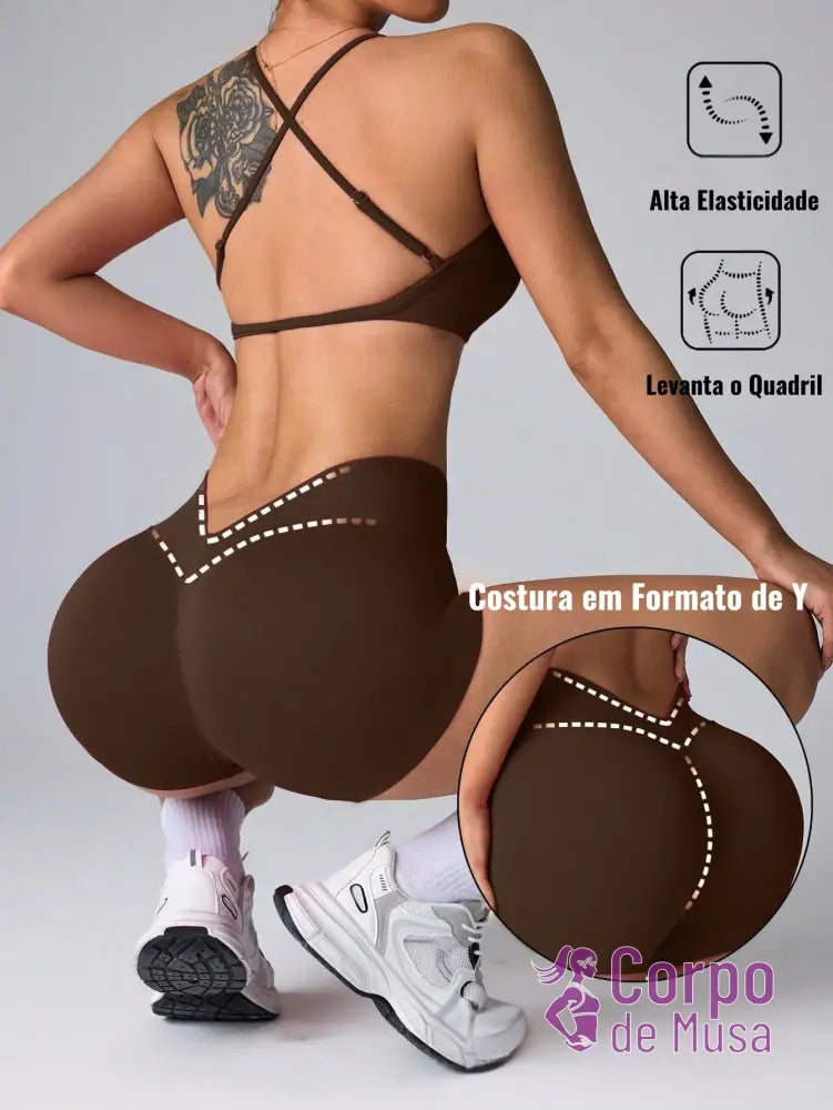 Conjunto Top e Short Sem Costura Detalhe Scrunch Y Estilo Fitness Café / PP Conjunto Top e Short Sem Costura Detalhe