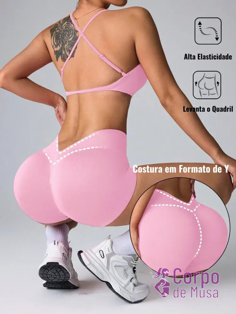 Conjunto Top e Short Sem Costura Detalhe Scrunch Y Estilo Fitness Rosa Bebê / PP Conjunto Top e Short Sem Costura