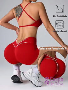 Conjunto Top e Short Sem Costura Detalhe Scrunch Y Estilo Fitness Vermelho / PP Conjunto Top e Short Sem Costura
