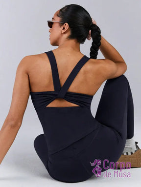 Conjunto Yoga Alças Cruzadas Com Recorte Anatômico Azul-marinho / PP Conjunto Yoga Alças Cruzadas Com Recorte Anatômico