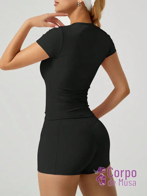 Conjunto Yoga Blusa E Shorts Com Cintura Alta Estilo Studio Conjunto Yoga Blusa E Shorts Com Cintura Alta Estilo Studio