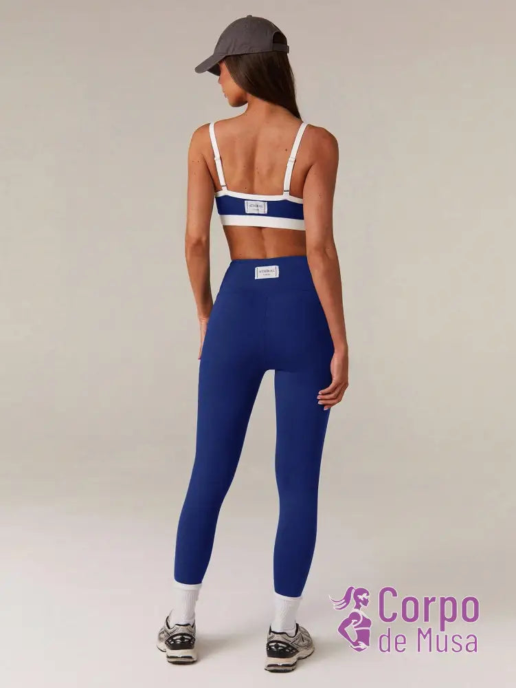 Conjunto Yoga Top E Legging Com Cintura Alta Estilo Studio Azul Royal / PP Conjunto Yoga Top E Legging Com Cintura Alta