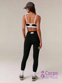 Conjunto Yoga Top E Legging Com Cintura Alta Estilo Studio Preto / PP Conjunto Yoga Top E Legging Com Cintura Alta