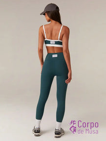 Conjunto Yoga Top E Legging Com Cintura Alta Estilo Studio Verde Escuro / PP Conjunto Yoga Top E Legging Com Cintura