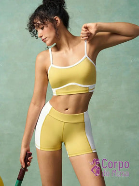 Conjunto Yoga Top E Shorts Com Alças Finas Estilo Studio Amarela Clara / PP Conjunto Yoga Top E Shorts Com Alças Finas