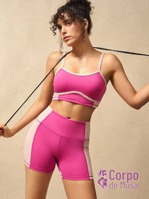 Conjunto Yoga Top E Shorts Com Alças Finas Estilo Studio Rosa Choque / PP Conjunto Yoga Top E Shorts Com Alças Finas