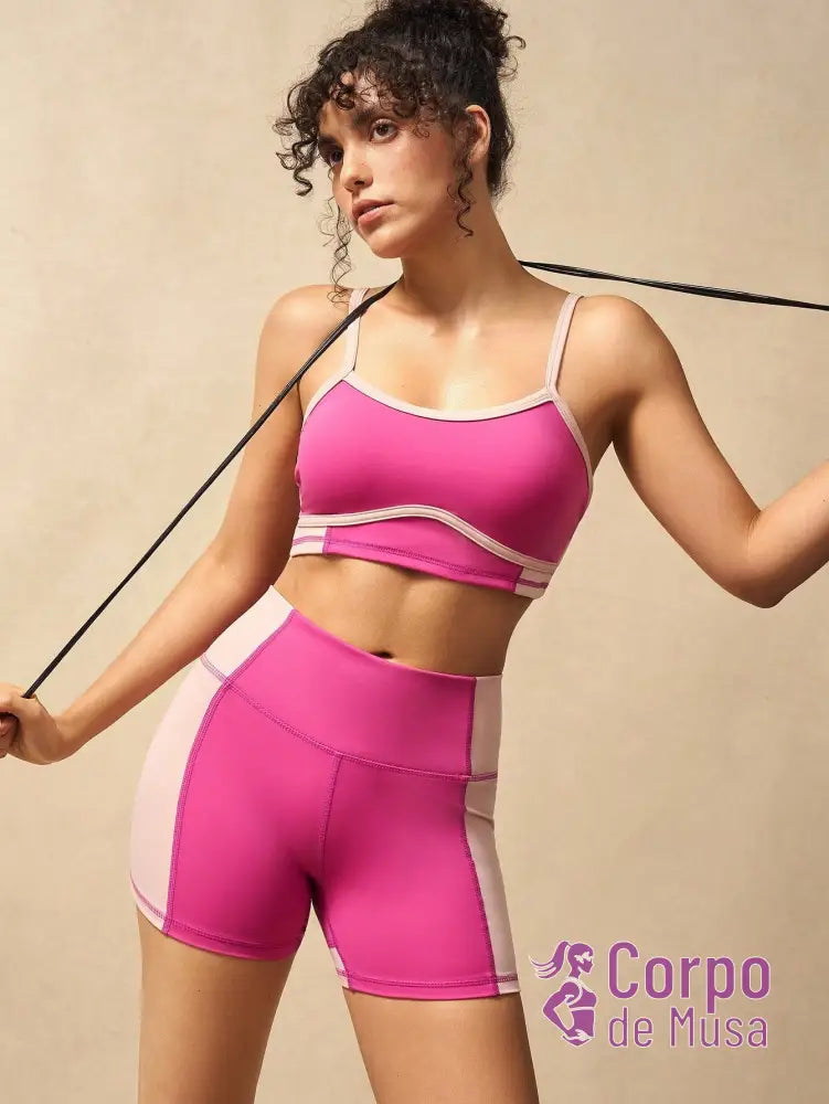 Conjunto Yoga Top E Shorts Com Alças Finas Estilo Studio Rosa Choque / PP Conjunto Yoga Top E Shorts Com Alças Finas