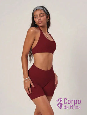 Conjunto Yoga Top Halter E Shorts Com Cintura Alta Conjunto Yoga Top Halter E Shorts Com Cintura Alta