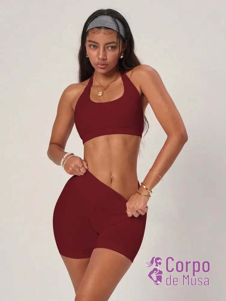 Conjunto Yoga Top Halter E Shorts Com Cintura Alta Conjunto Yoga Top Halter E Shorts Com Cintura Alta