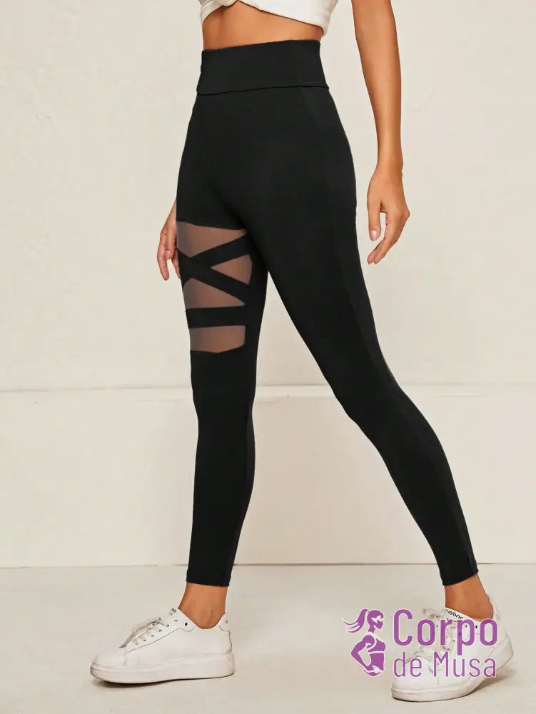 Legging Cintura Alta Com Recortes Em Tela Cruzados Fitness Legging Cintura Alta Com Recortes Em Tela Cruzados Fitness