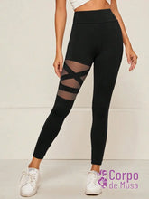 Legging Cintura Alta Com Recortes Em Tela Cruzados Fitness Preto / PP Legging Cintura Alta Com Recortes Em Tela